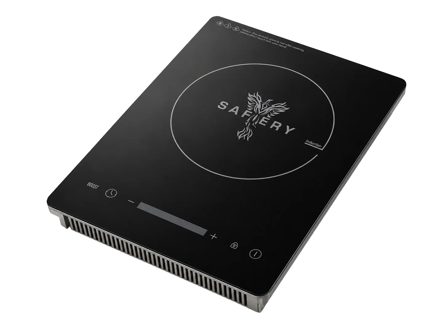Safiery induction cooktop — black glass with touch controls and boost mode