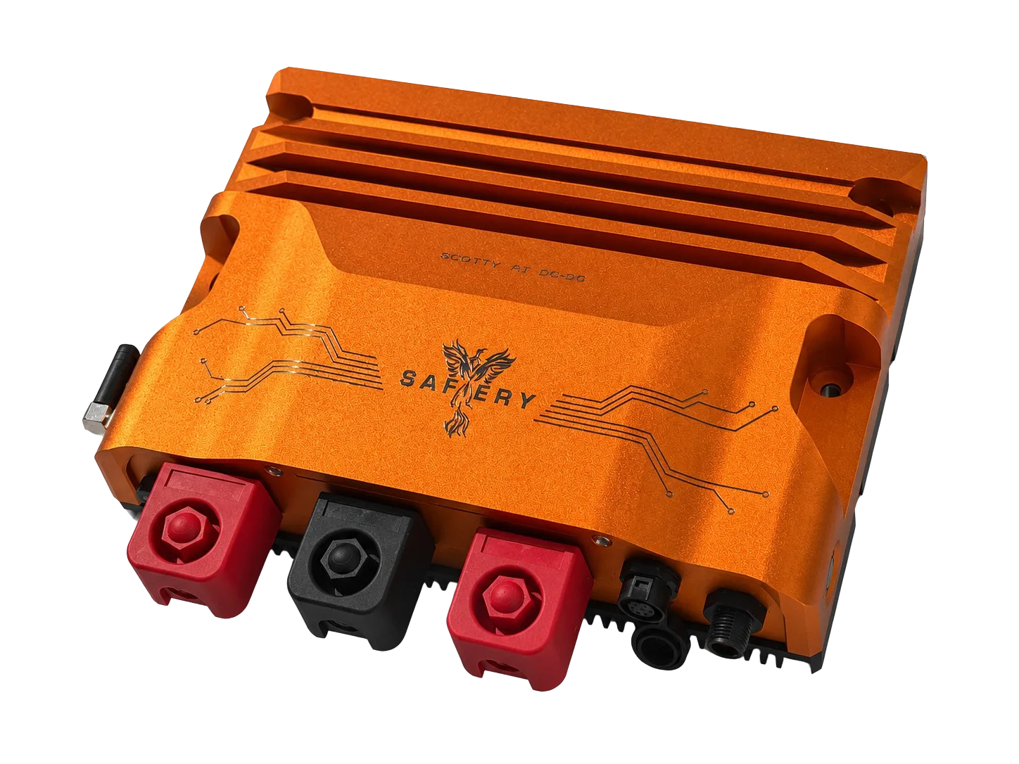 Scotty AI bi-directional DC-DC converter — orange billet case with 48V, ground and 12V connectors