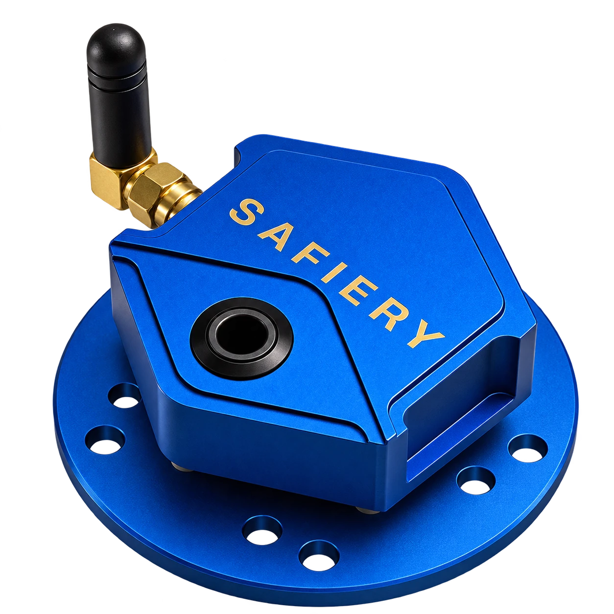 STAR-Tank wireless radar sensor with a blue Safiery enclosure, black antenna and five-bolt mounting base