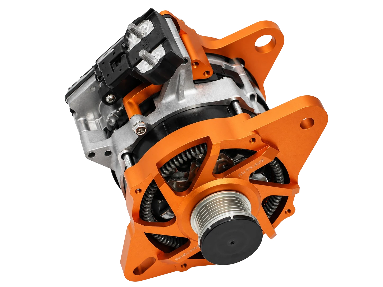 Safiery 48V BMG motor generator with orange mounting frame and output studs