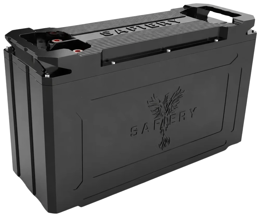 Safiery Solid State Lithium battery — machined black case with recessed M8 terminals